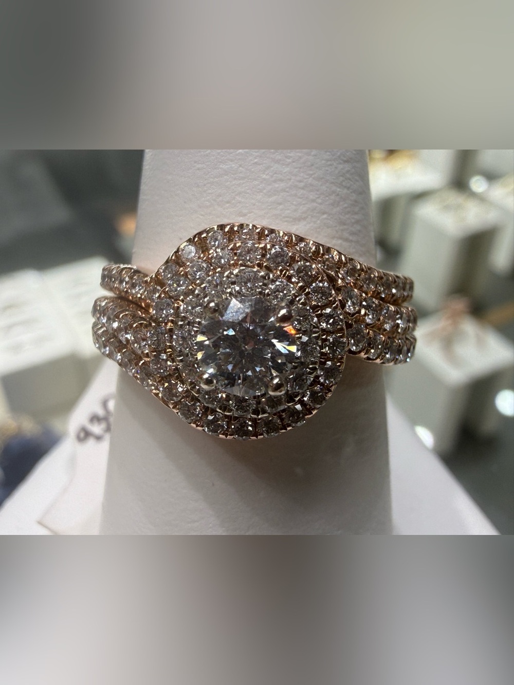 Rose Gold Halo Diamond Engagement Ring - matching band